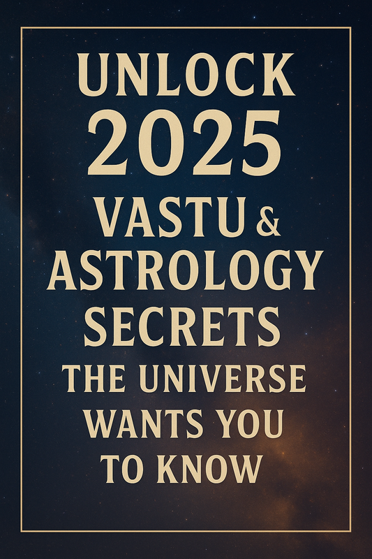 Unlock 2025 Vastu and Astrology Secrets motivational text on dark cosmic background