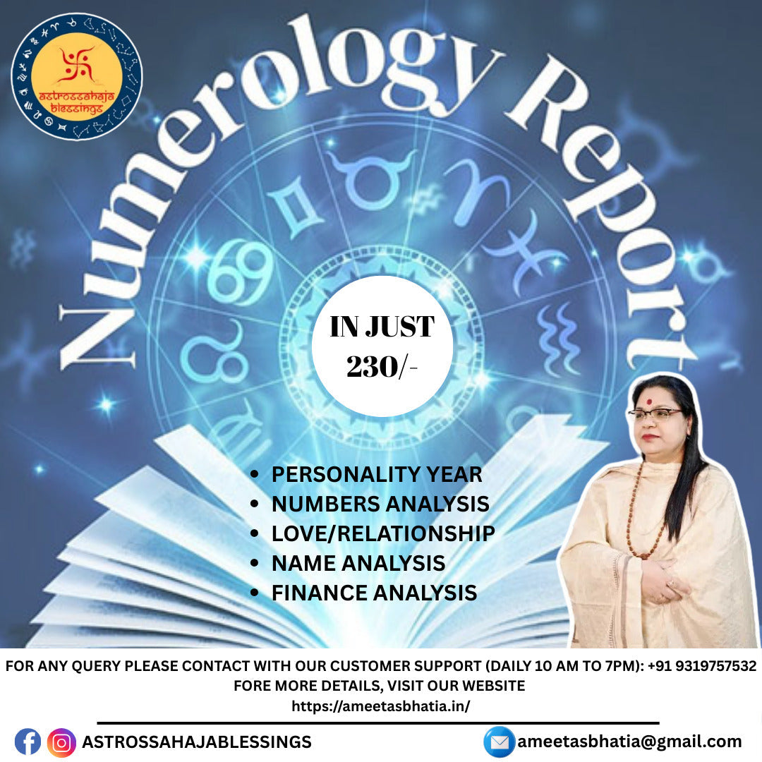 Numerology Report advertisement with personality, numbers, name, love, and finance analysis.