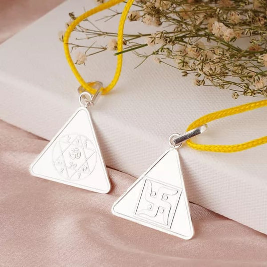 Triangular Gayatri Yantra pendants with yellow cords, symbolizing wisdom and spiritual enlightenment.