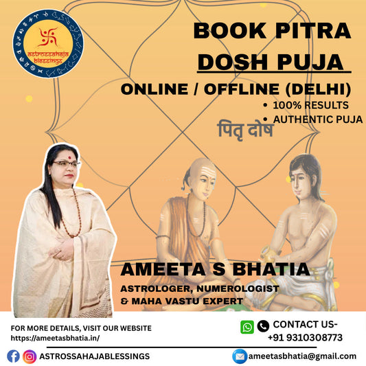 Pitra Dosh Puja in Delhi advertisement with astrologer Ameeta S Bhatia promoting offline services.