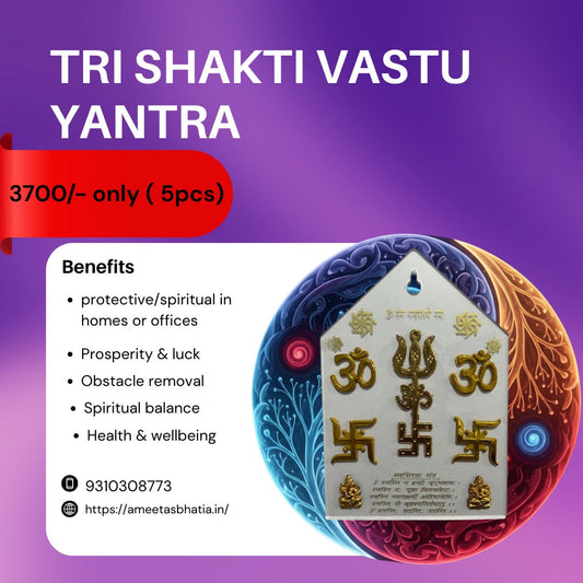 Tri Shakti Vastu Yantra with aura spray for spiritual balance and prosperity set of five pieces